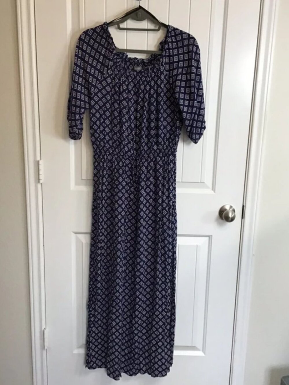 Neiman MarcusGeometric Maxi Dress with drawstring waist XL navy white Chic